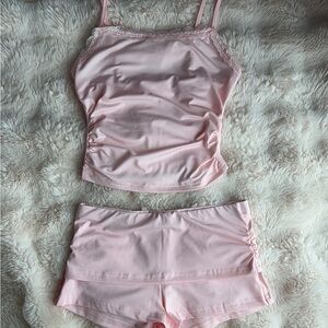 Pink Lace Trim Camisole and Shorts Set